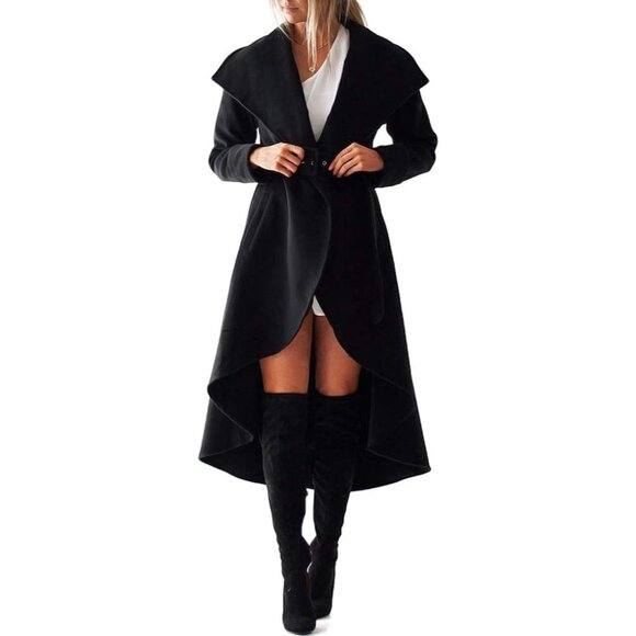 Women Black Wrap Trench Coat Winter Wool Large Collar High
